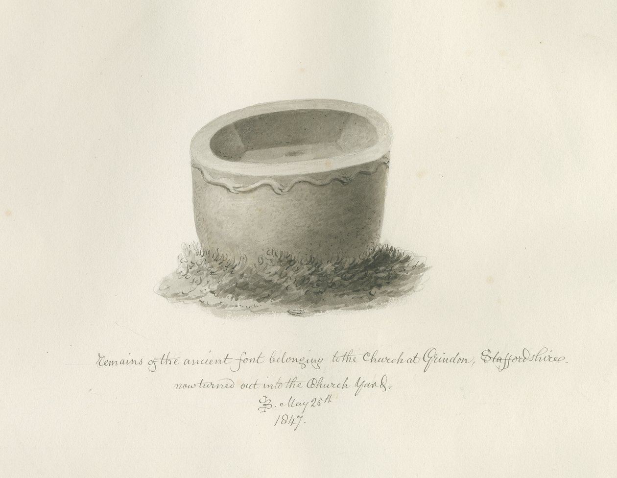 Taufbecken in der Grindon Kirche: Sepia-Zeichnung, 25. Mai 1847 von John Buckler