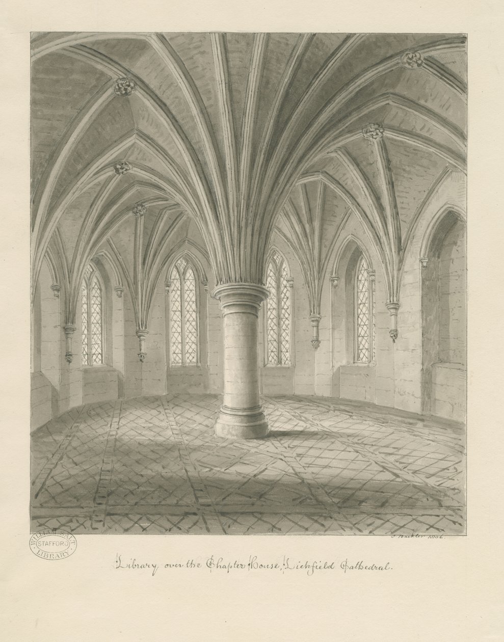 Innenraum der Lichfield Cathedral - Bibliothek über dem Kapitelhaus: Sepia-Zeichnung von John Buckler