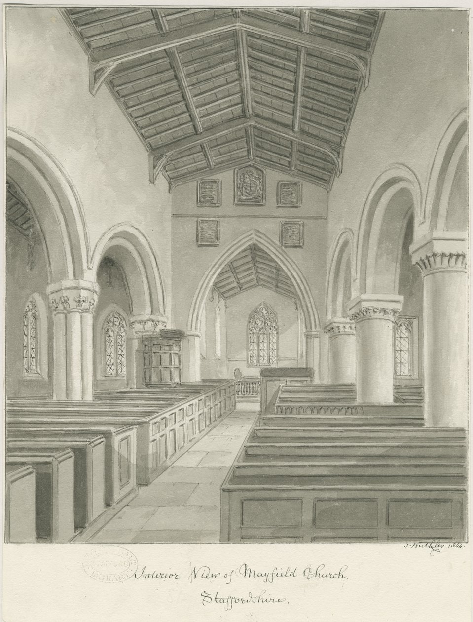 Innenraum der Mayfield Church: Sepiawaschzeichnung, 1844 von John Buckler