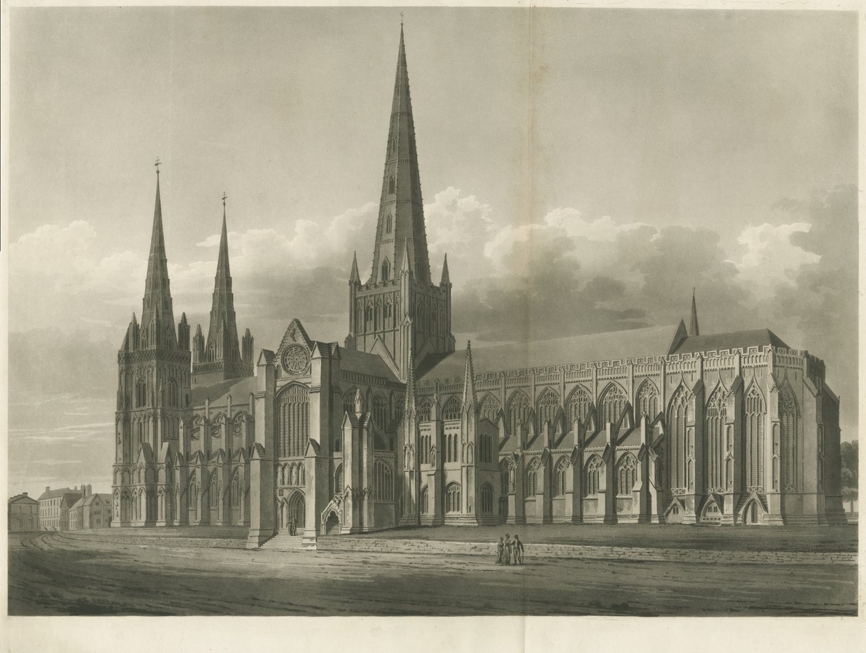 Lichfield Kathedrale - Südostansicht: Aquatinta-Radierung, undatiert [?19. Jahrhundert] von John Buckler