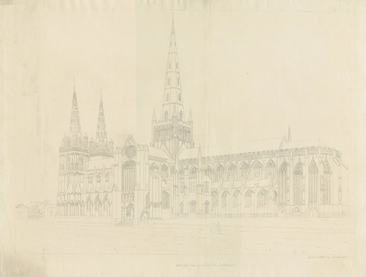 Lichfield Kathedrale - Südostansicht (Umrissradierung) von John Buckler
