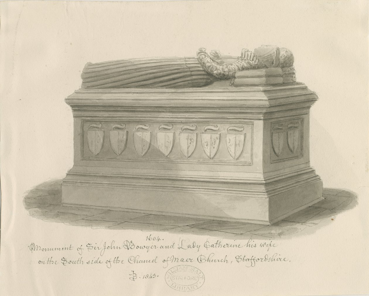 Maer Church - Denkmal für Sir John Bowyer und Lady Catherine: Sepiawaschzeichnung, 1843 von John Buckler