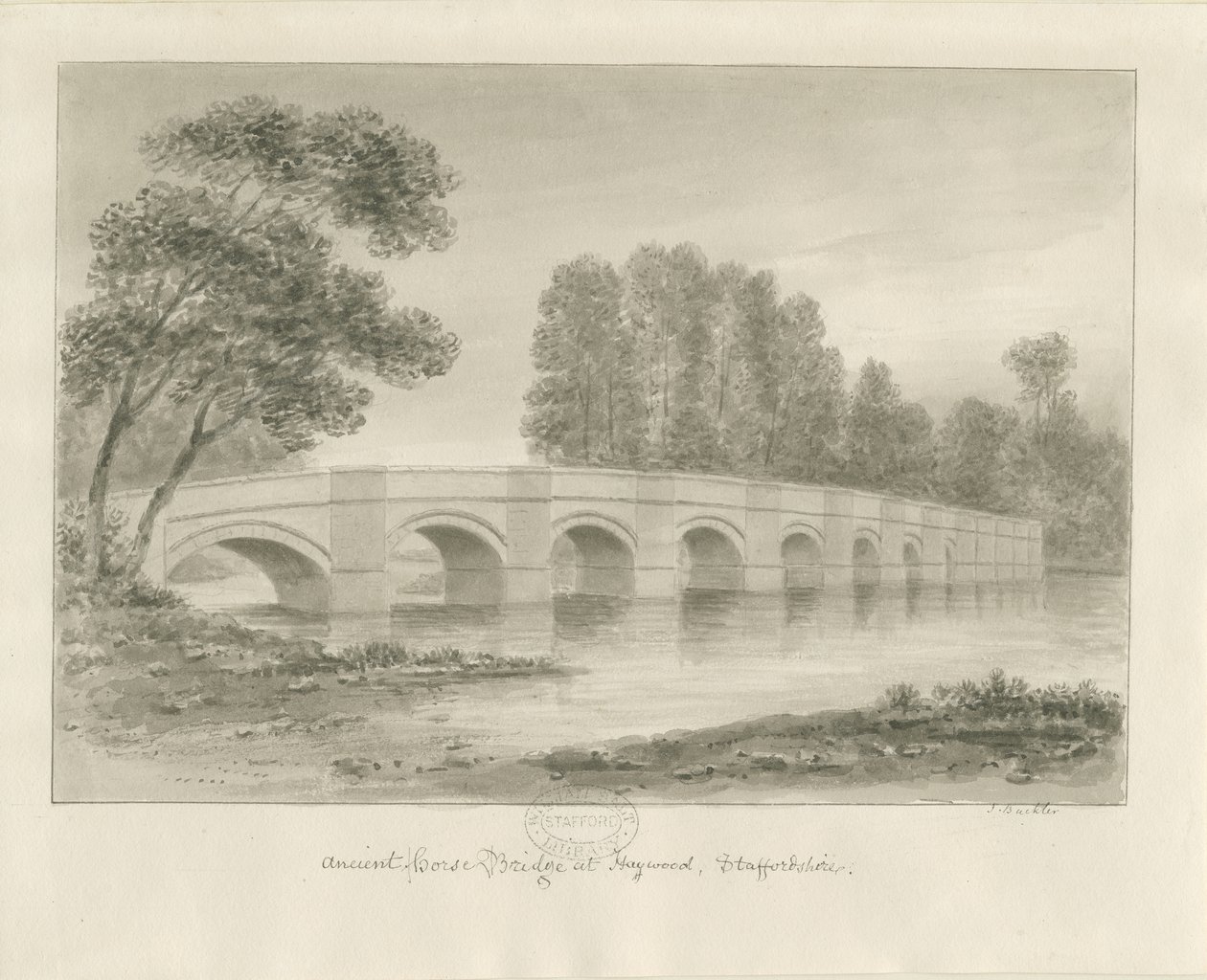 Shugborough Brücke: Sepia-Zeichnung, undatiert [?1840er Jahre] von John Buckler