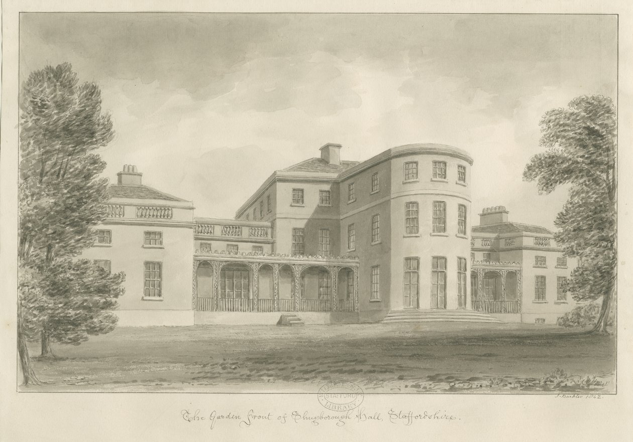 Shugborough Hall - Gartenfront: Sepia-Zeichnung, 1842 von John Buckler