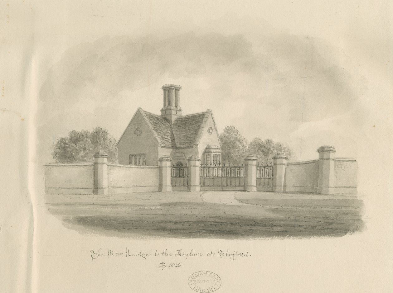 Stafford - New Lodge zum Asyl: Sepia-Zeichnung, 1843 von John Buckler