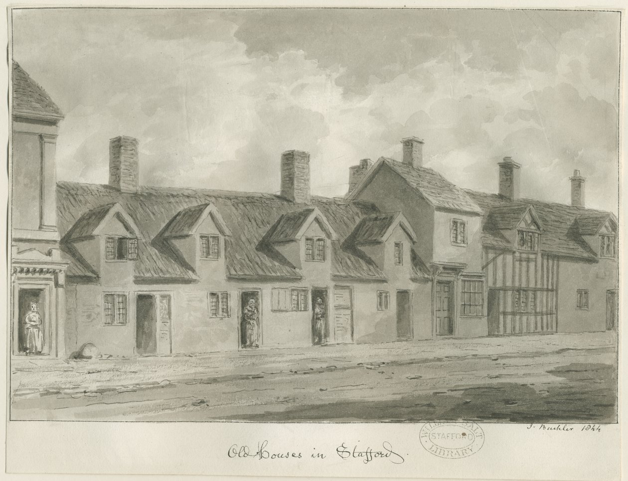 Stafford - Alte Häuser [in der Eastgate Street]: Sepiazeichnung, 1844 von John Buckler