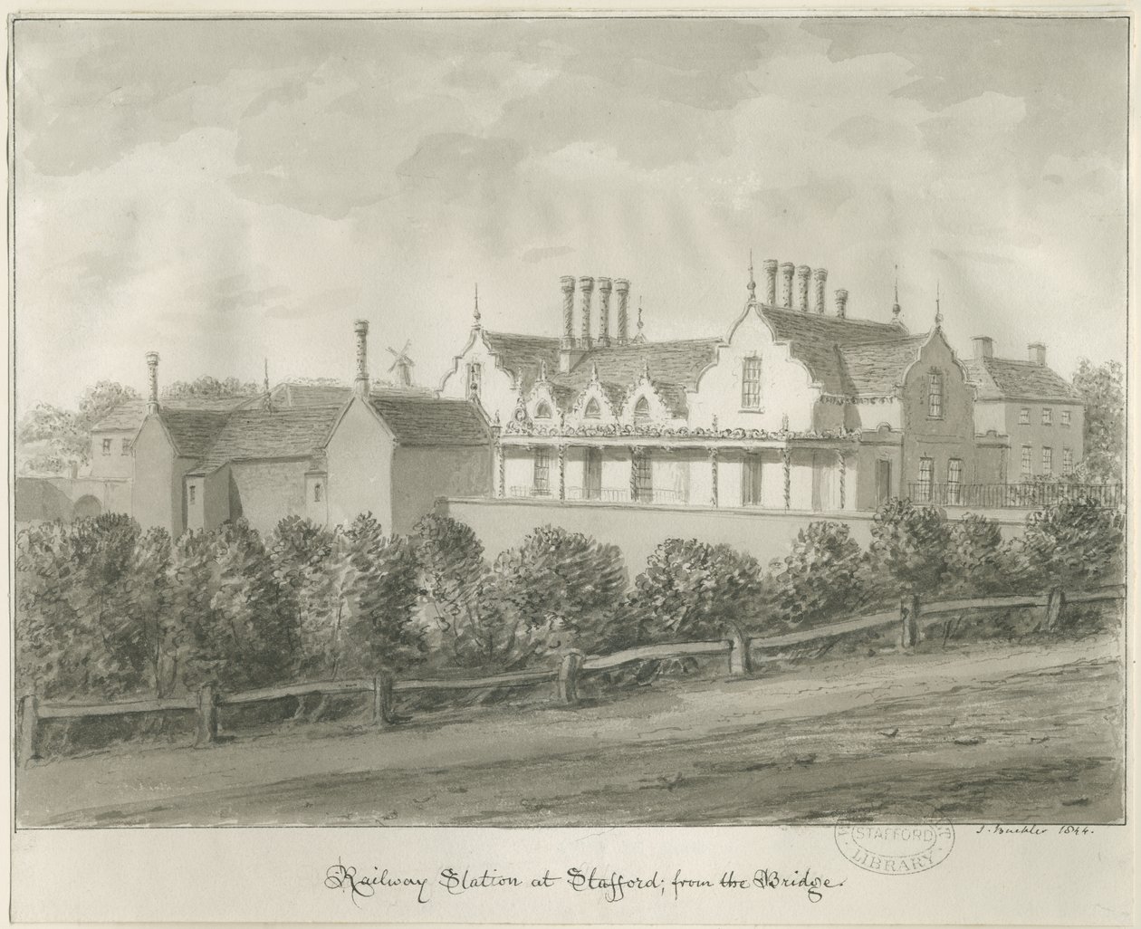 Stafford - Bahnhof: Sepiazeichnung, 1844 von John Buckler