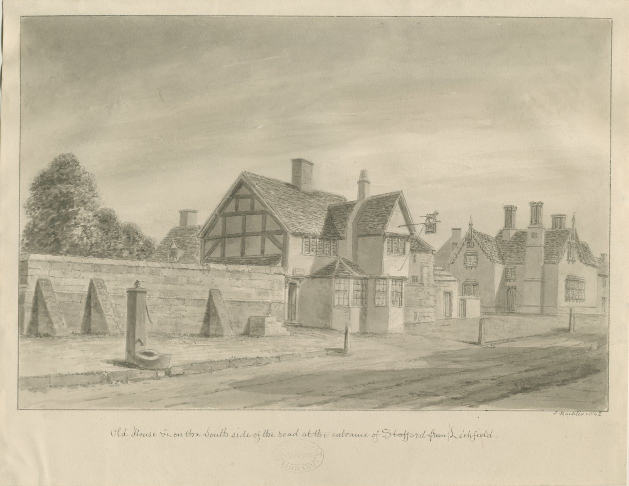 Stafford - [Das Weiße Löwen Gasthaus]: Sepiazeichnung, 1842 von John Buckler