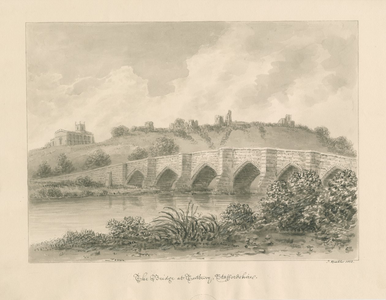 Tutbury Schloss, Kirche und Brücke von John Buckler