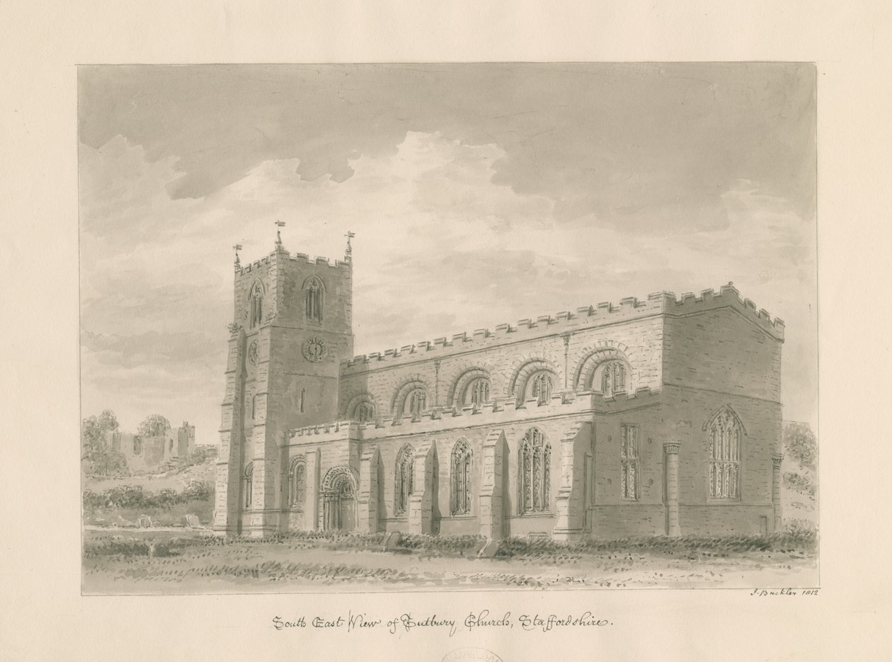 Tutbury Priory Kirche: Sepia-Tuschzeichnung, 1812 von John Buckler