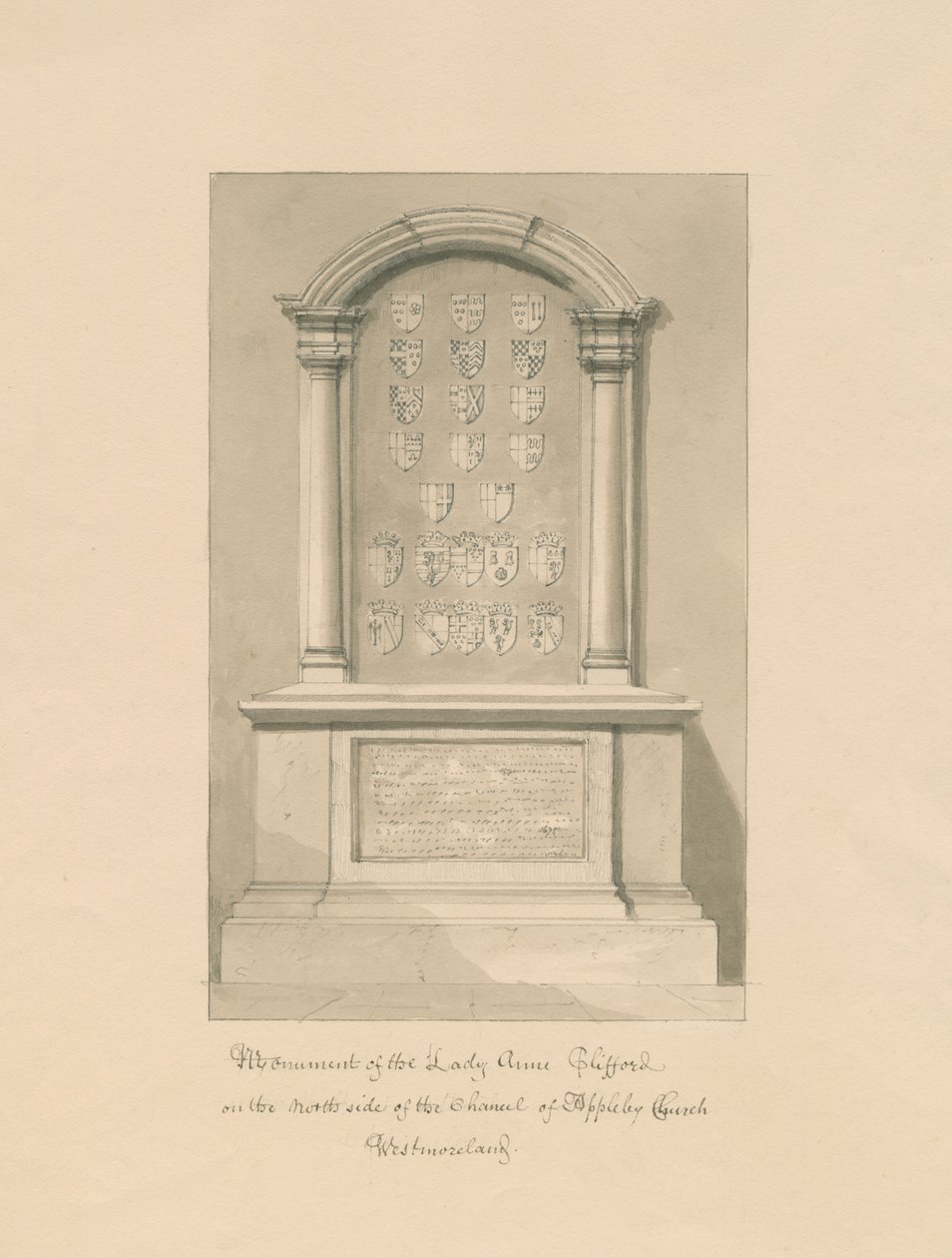 Westmorland - Appleby Kirche - Denkmal für Lady Anne Clifford: Sepiazeichnung, 1800 von John Buckler