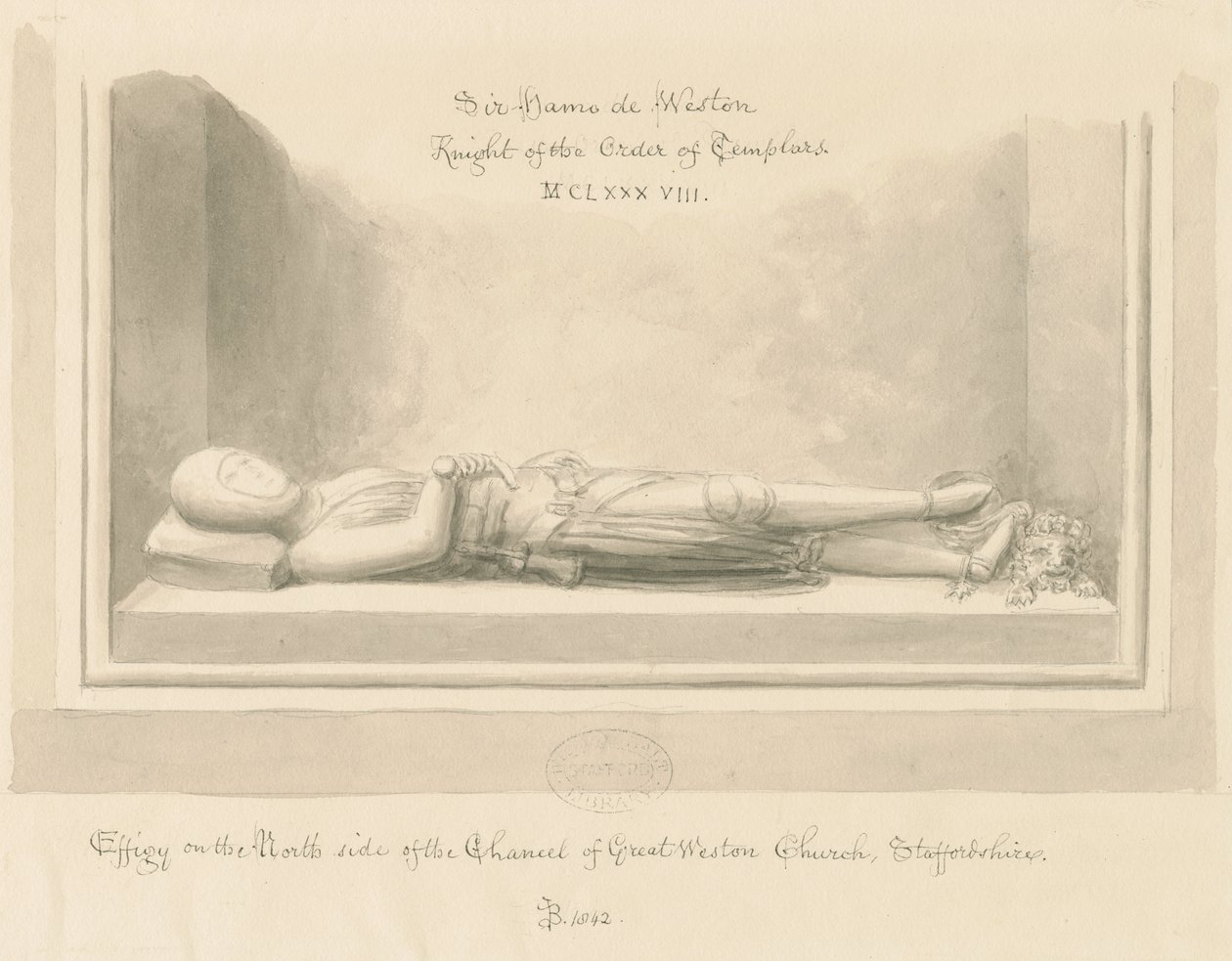 Weston-under-Lizard Kirche - Effigie von Sir Hamo de Weston von John Buckler
