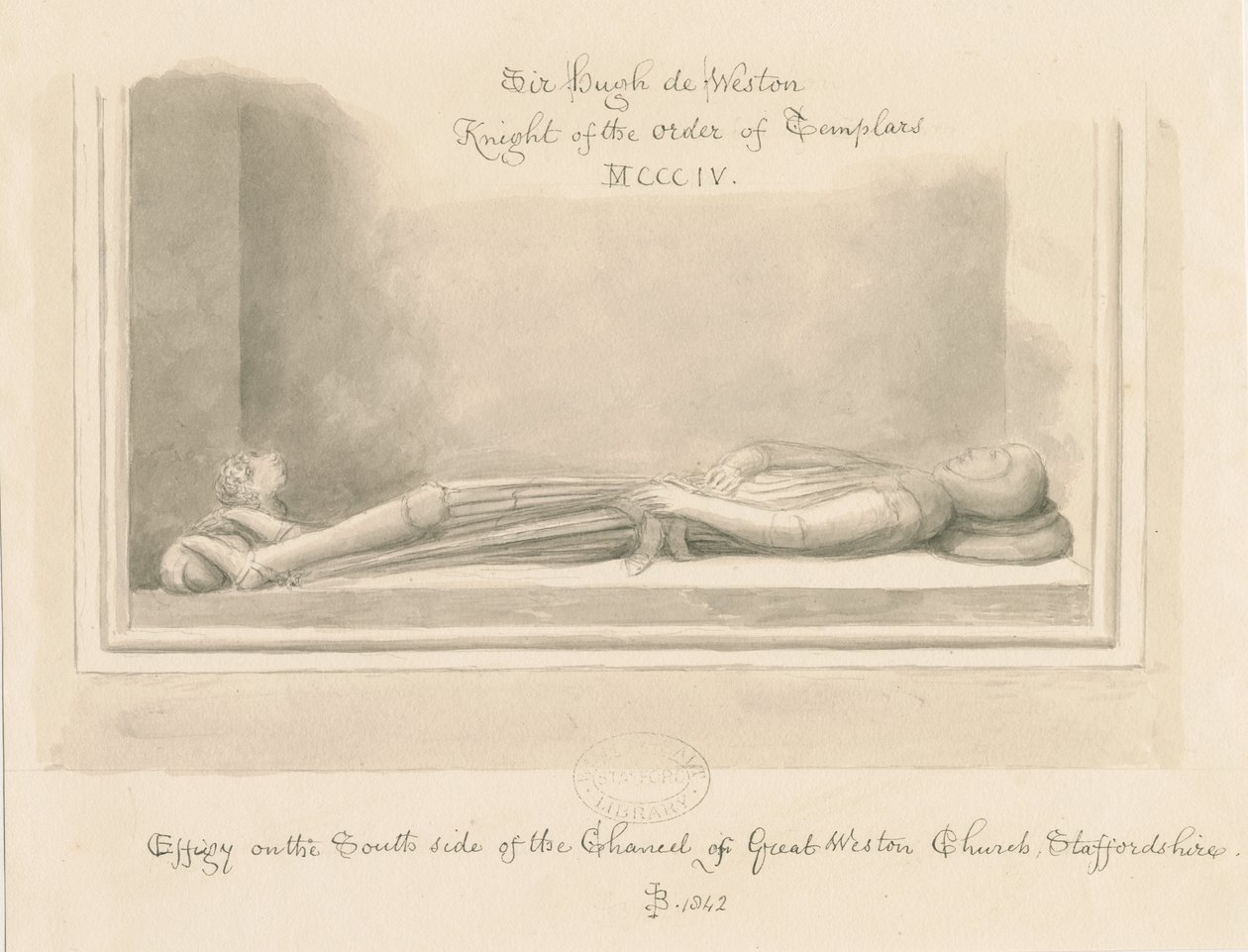 Weston-under-Lizard Kirche - Abbild von Sir Hugh de Weston: Sepia-Zeichnung, 1842 von John Buckler