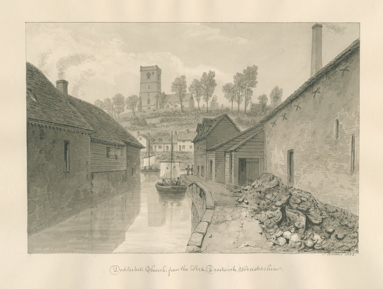 Worcestershire - Droitwich - Dodderhill Kirche Ferne Ansicht: Sepiazeichnung, 1833 von John Buckler