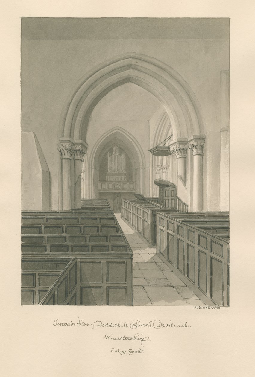 Worcestershire - Droitwich - Dodderhill Kirche Innenraum: Sepia-Zeichnung von John Buckler