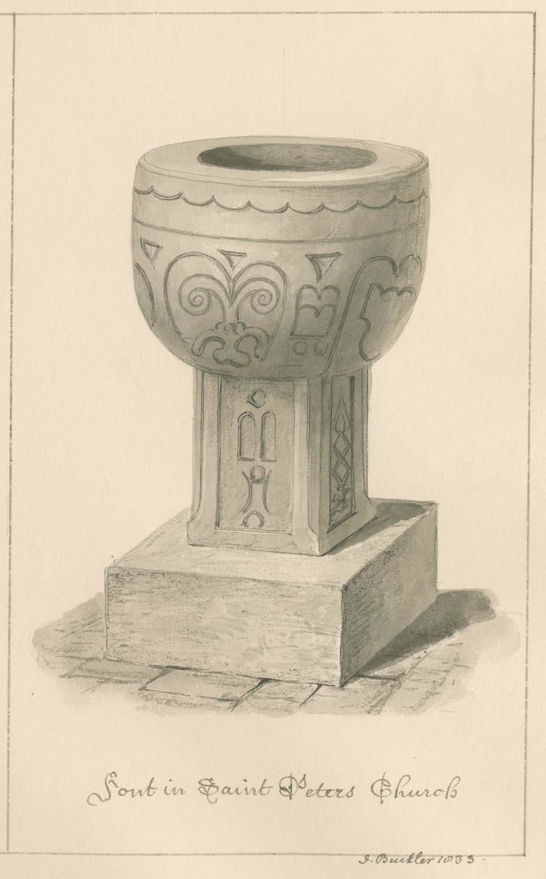Worcestershire - Droitwich - Taufbecken der St. Peter Kirche: Sepiazeichnung, 1833 von John Buckler