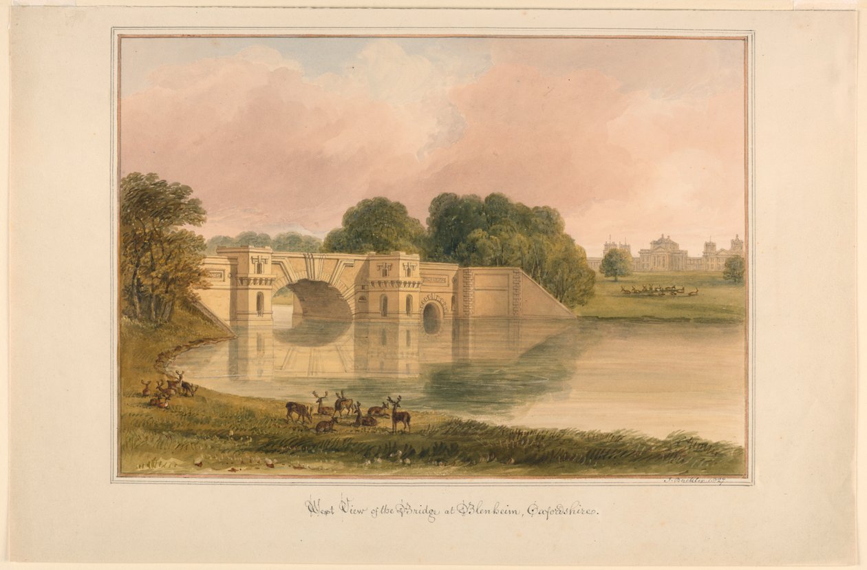Westansicht der Brücke in Blenheim, Oxfordshire von John Buckler, F.S.A.