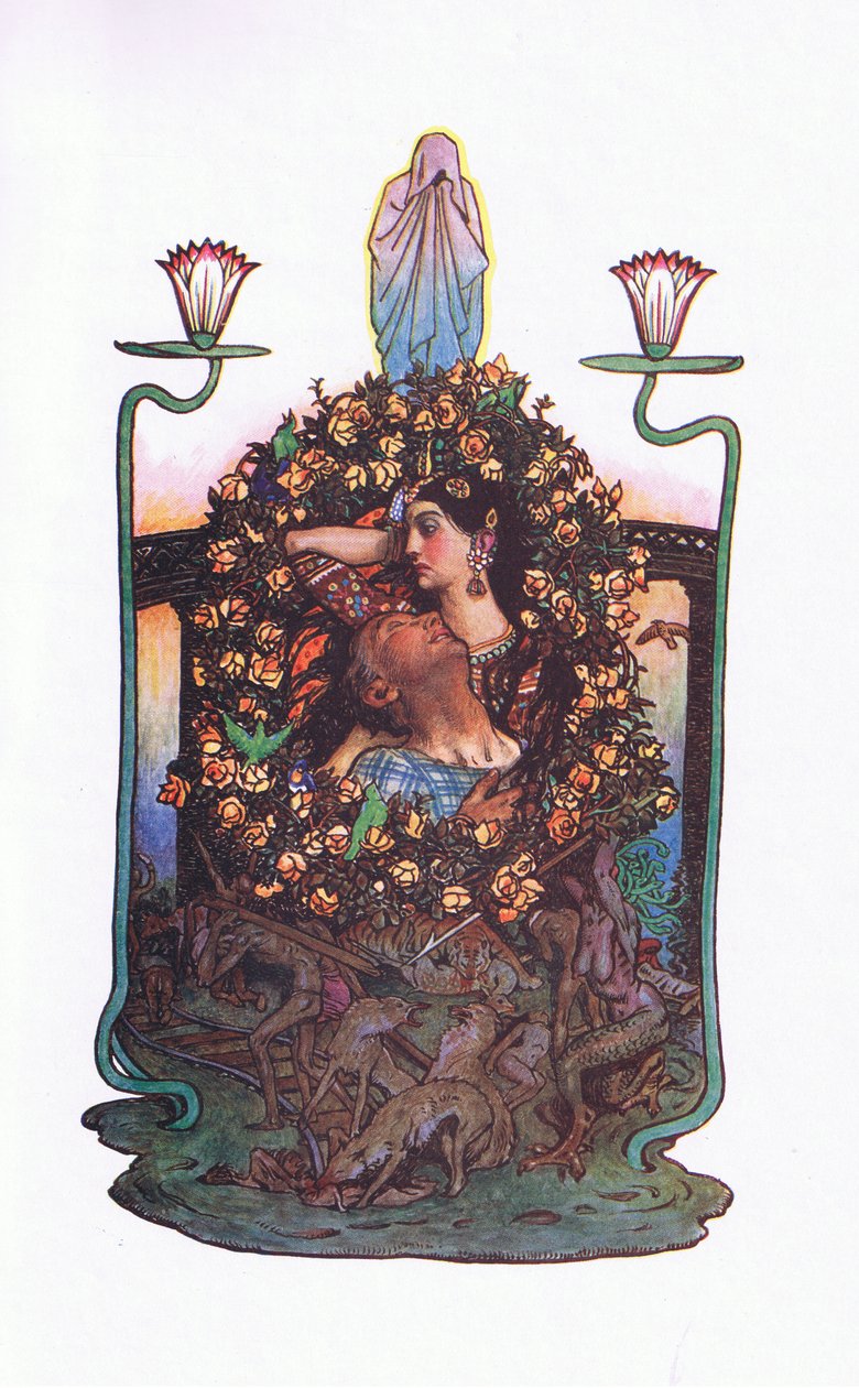 Der Garten an der Brücke, Illustration aus The Garden of Kama (and other lyrics from India), 1920 von John Byam Liston Shaw