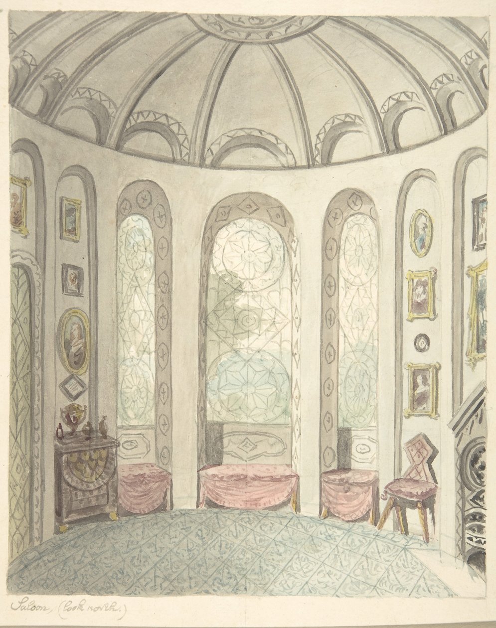 Lea Castle, Worcestershire, Salon, Blick nach Norden, ca. 1816 von John Carter.