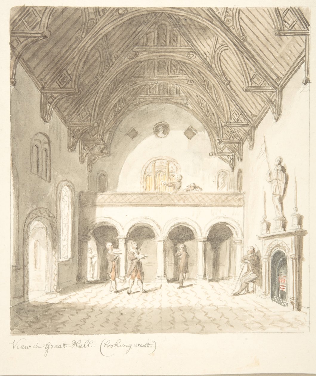 Lea Castle, Worcestershire, Blick in die Große Halle, nach Westen, ca. 1816 von John Carter.