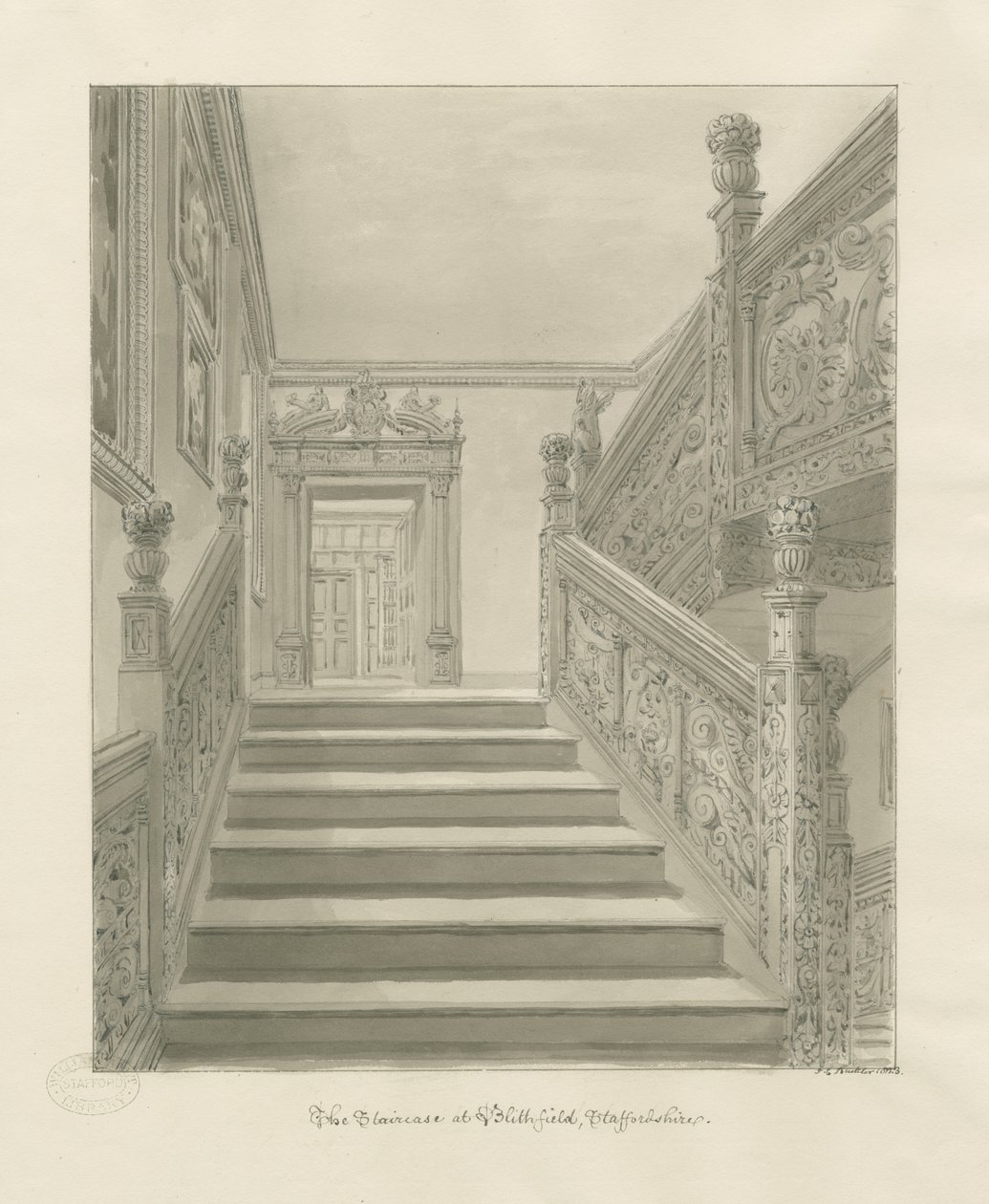 Innenraum von Blithfield Hall: Sepia-Zeichnung von John Chessell Buckler