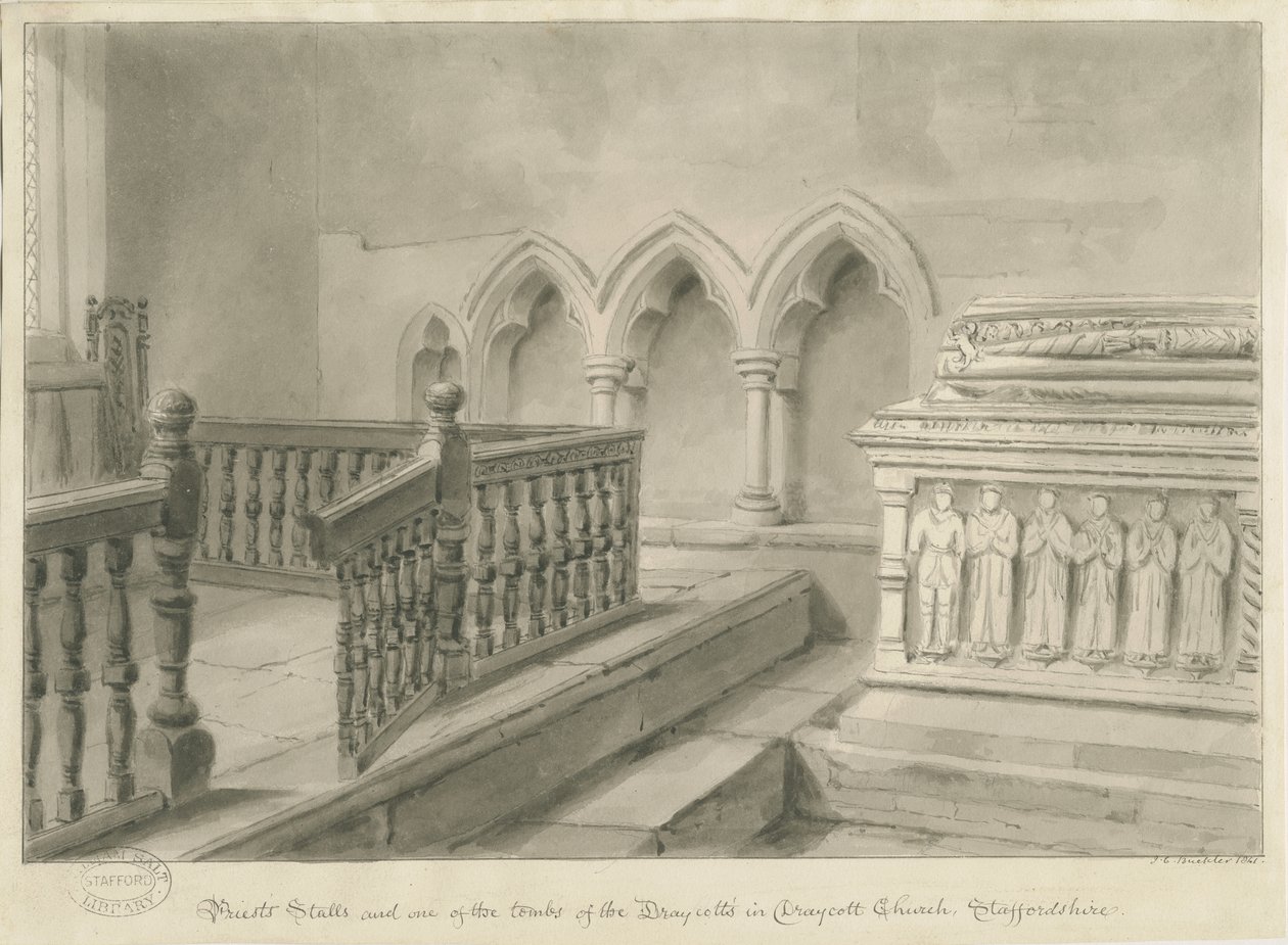 Innenraum der Draycott in the Moors Kirche von John Chessell Buckler