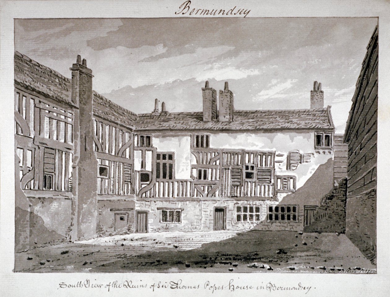 Südansicht der Überreste von Thomas Popes Haus, Mill Lane, Bermondsey, London, 1808 von John Chessell Buckler