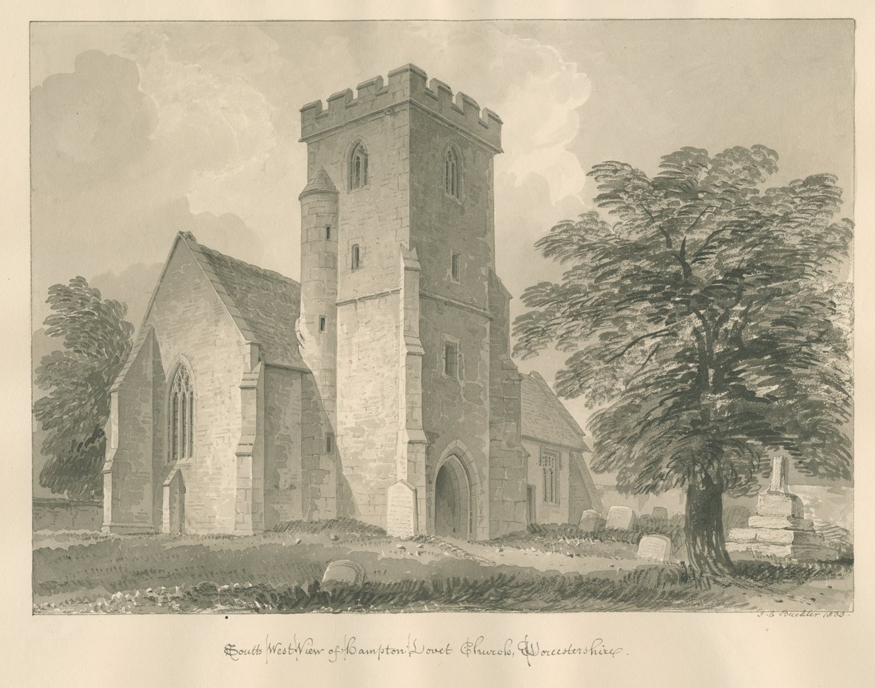 Worcestershire - Hampton Lovett Kirche: Sepia-Zeichnung, 1833 von John Chessell Buckler