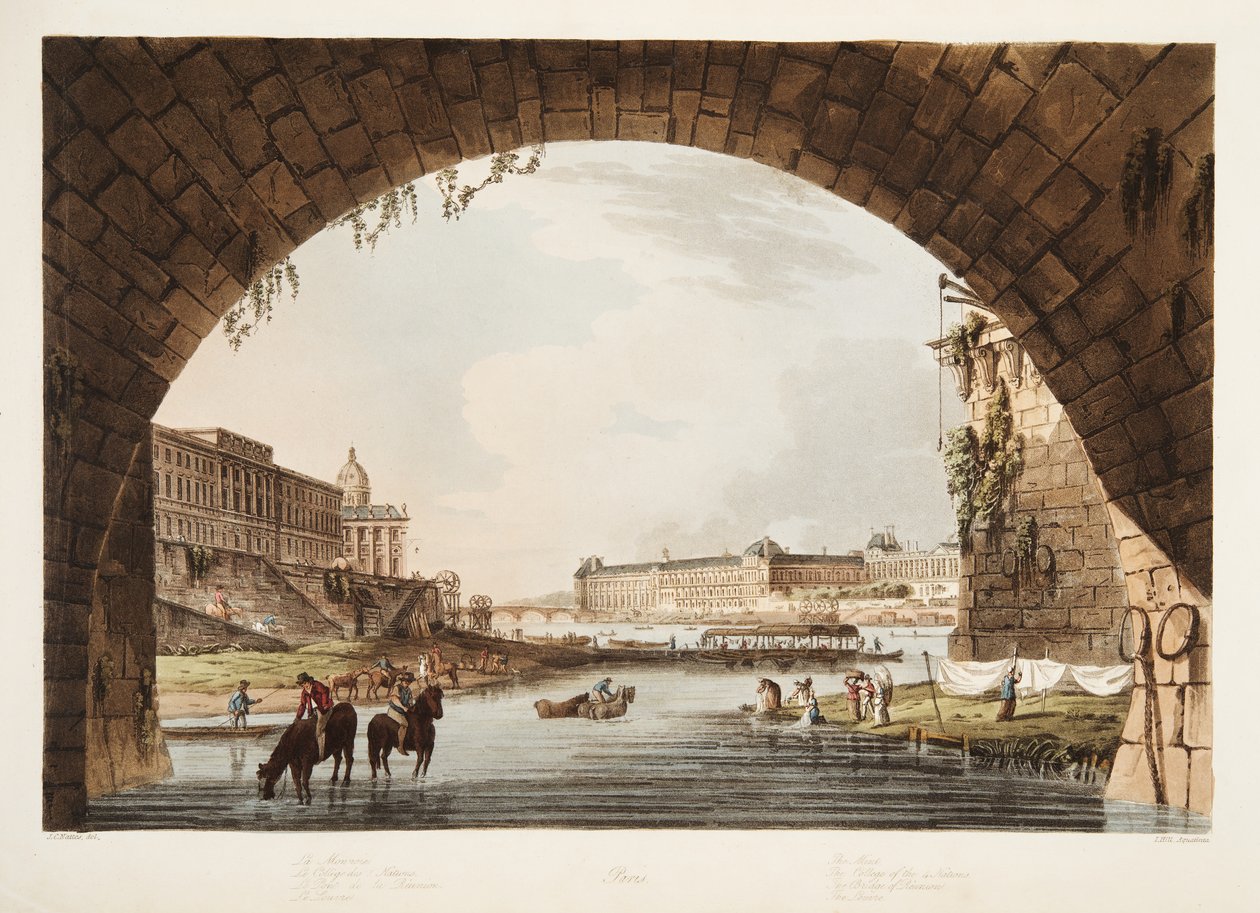 Der Louvre; Die Münze; Das College der 4 Nationen; Die Brücke der Wiedervereinigung, Illustration aus Versailles, Paris und Saint Denis, veröffentlicht 1805 von John Claude Nattes
