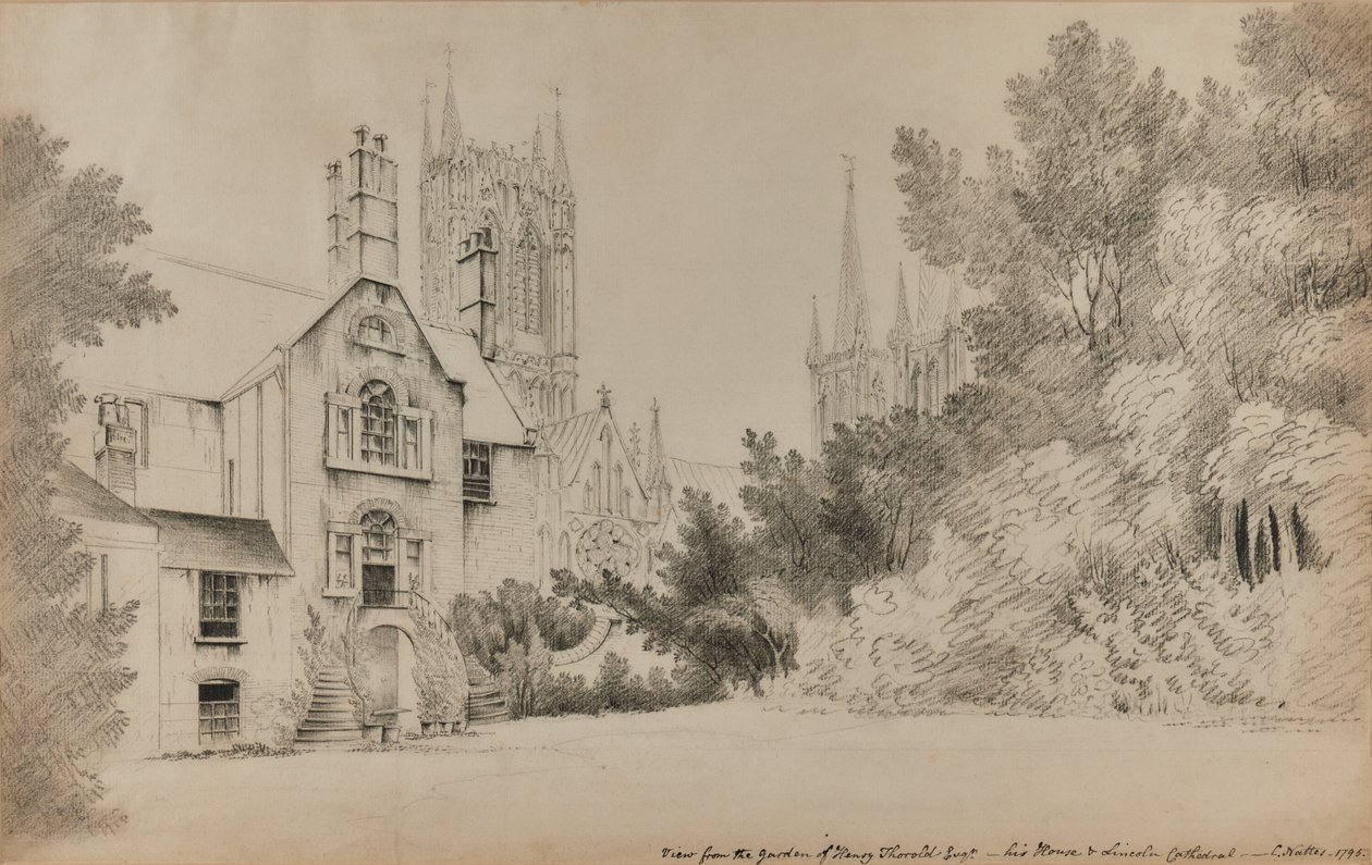 Blick aus dem Garten von Henry Thorold, Esq., sein Haus & Lincoln Kathedrale von John Claude Nattes
