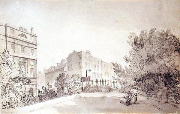 Ansicht des Fitzroy Square mit zwei Figuren, die eine Gartenwalze ziehen, ca. 1808 von John Claude Nattes