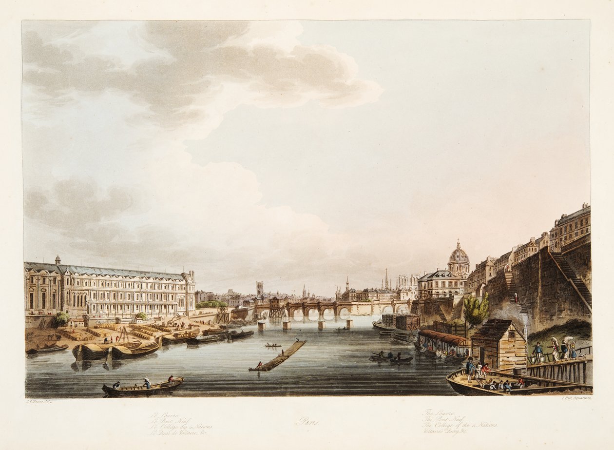 Der Louvre; Die Pont Neuf; Das College der 4 Nationen; Voltaires Kai, Illustration aus Versailles, Paris und Saint Denis, veröffentlicht 1805 von John Claude after Nattes