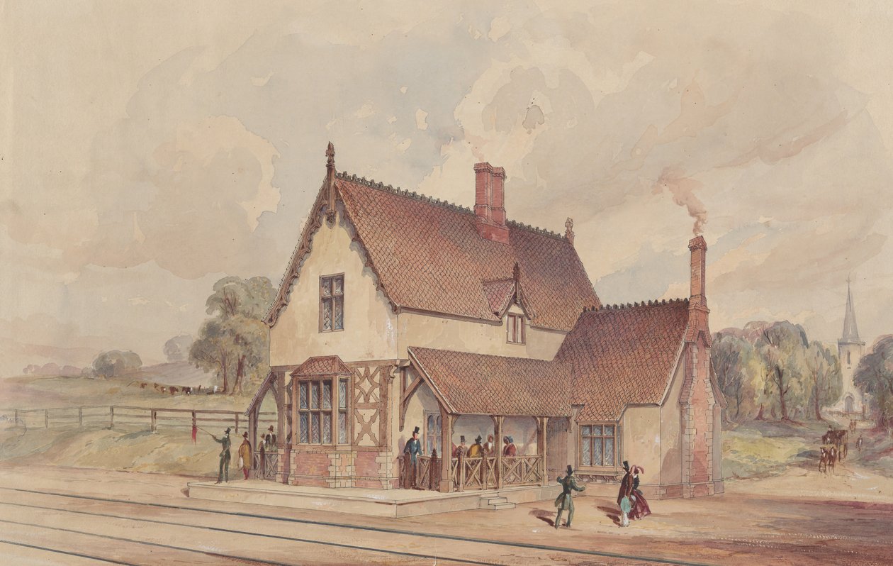Viktorianischer ländlicher Bahnhof und Eisenbahnübergang, 1844-77 von John Connell Ogle