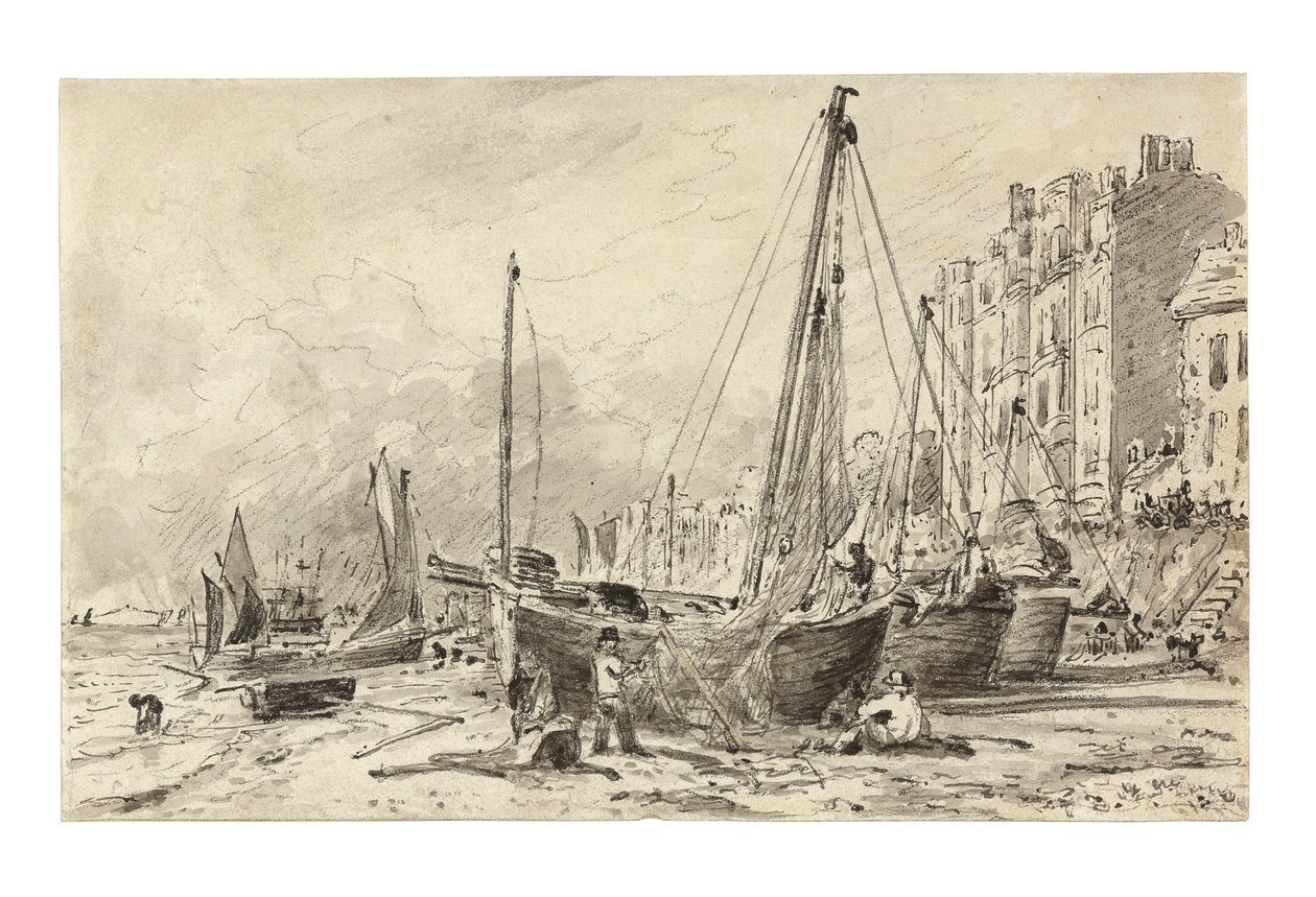 Gestrandete Fischerboote mit Fischern, die Netze am Strand von Brighton reparieren, Blick nach Westen, ca. 1824-28 von John Constable
