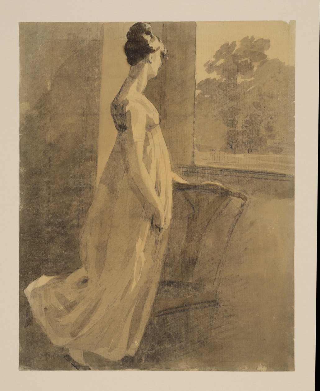 Frau lehnt sich an einen Stuhl und schaut aus dem Fenster, recto, ca. 1806 von John Constable