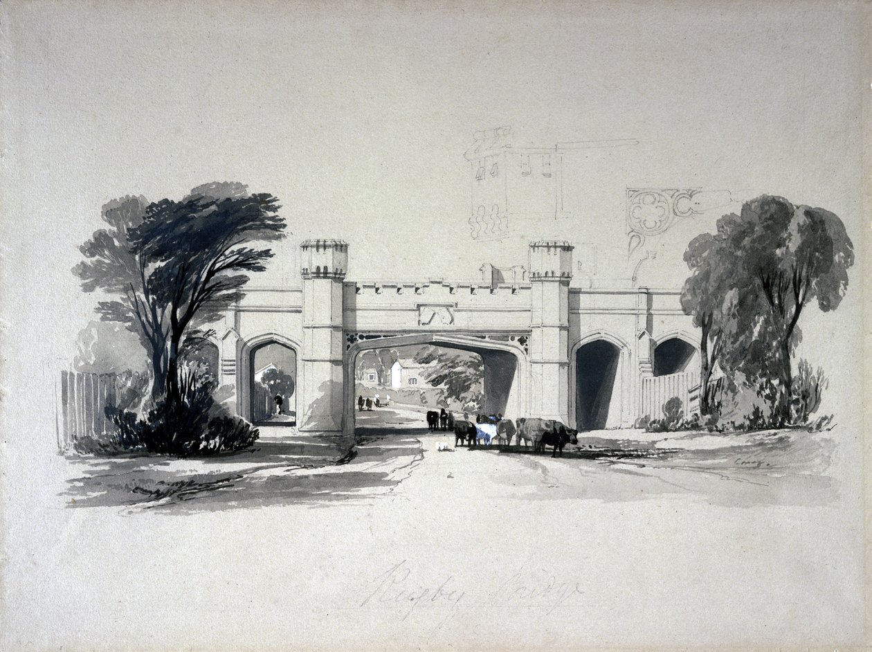 Rugby Eisenbahnbrücken von der Straße aus gesehen, Warwickshire, April 1839 von John Cooke Bourne