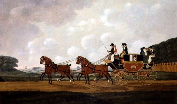 Die Ludlow nach Worcester Postkutsche von Messrs. Richard Costar und Christopher Ibberson auf der Straße von John Cordrey