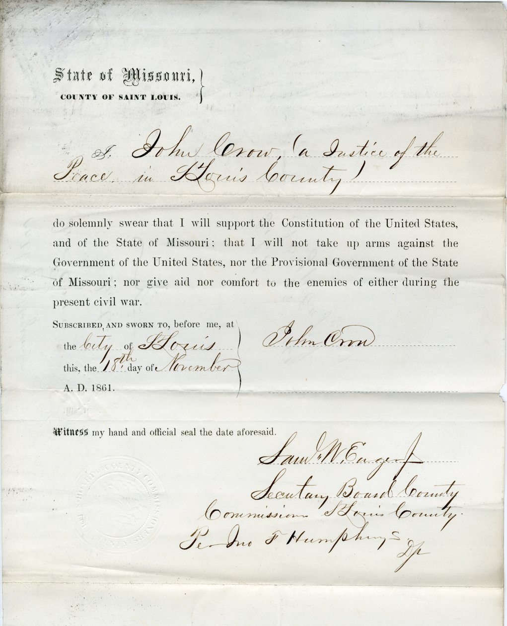 Treueeid von John Crow aus Missouri, County of St. Louis von John Crow