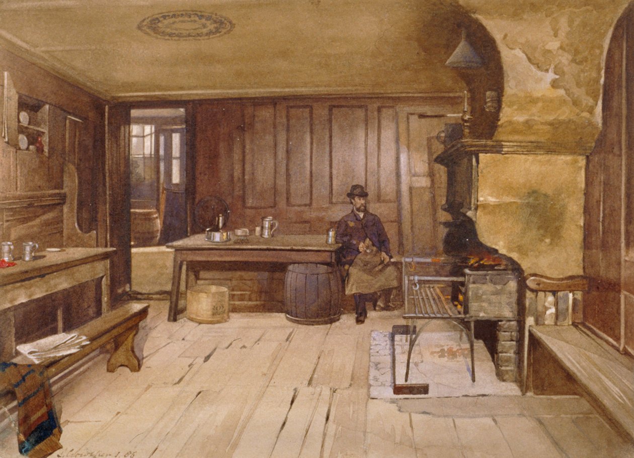 Innenraum des Schankraums im Sieve-Pub, Church Street, Minories, London von John Crowther