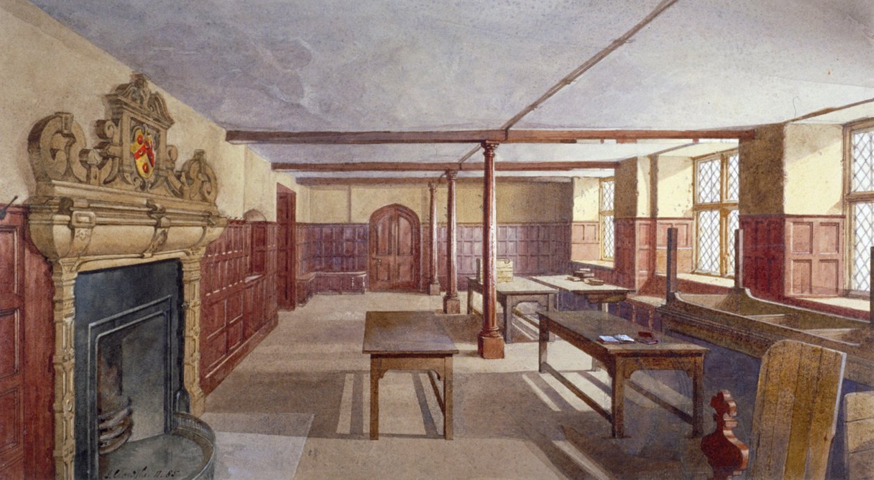 Innenansicht des Speisesaals der Jungen in Charterhouse, London, 1885 von John Crowther