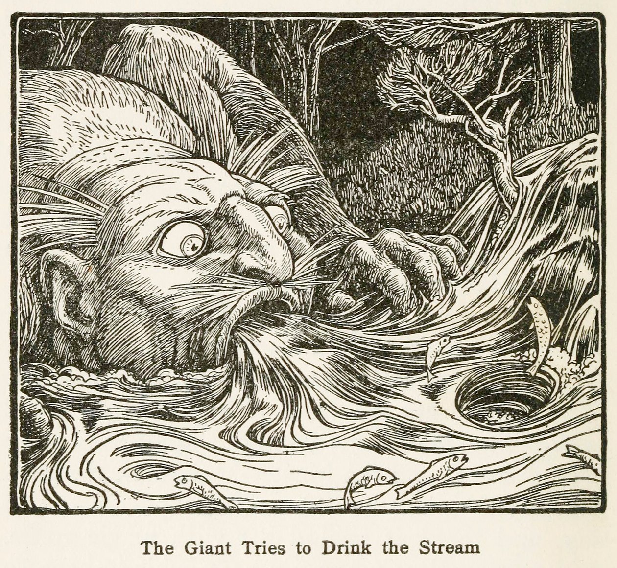 Der Riese versucht, den Bach zu trinken, aus Europas Märchenbuch, veröffentlicht 1916 von John Dickson Batten