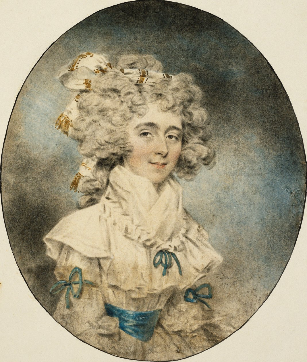 Porträt von Mrs. Fisher, halbe Länge, in einem weißen Kleid mit blauen Bändern, 1788 von John Dowman