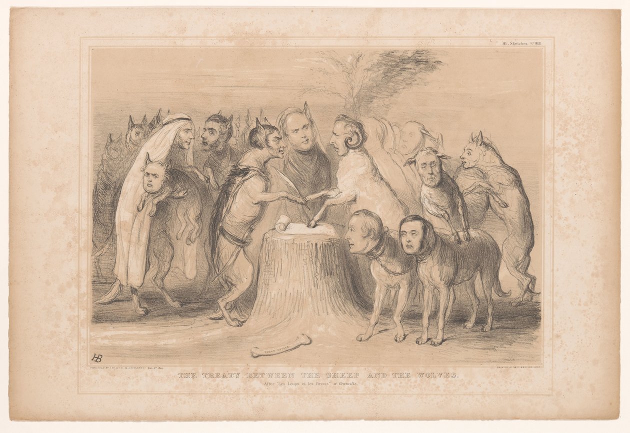 Pakt zwischen den Wölfen und den Schafen (The treaty between the sheep and the wolves. After Les Loups et les Brevis of Granville, HB Sketches) von John Doyle