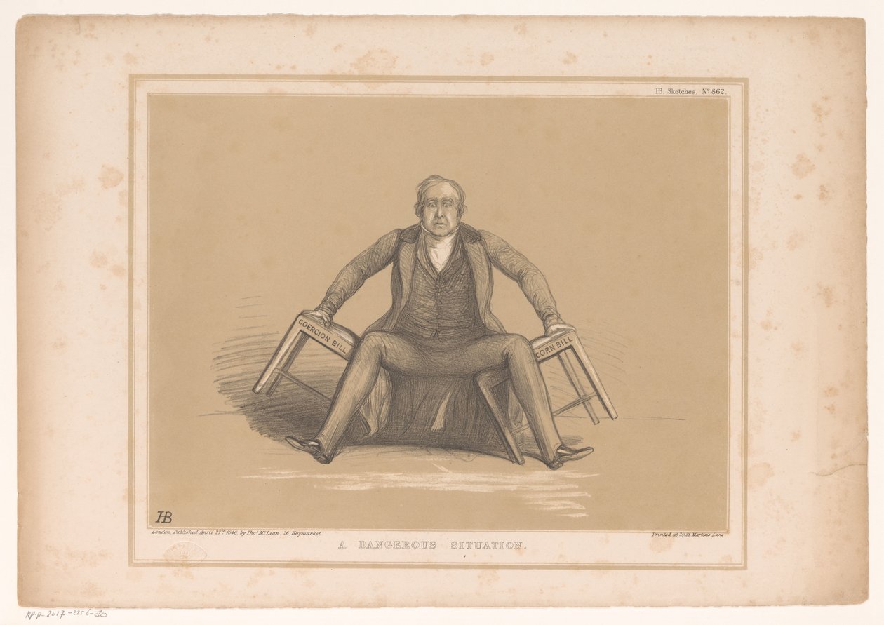 Karikatur mit Robert Peel, der zwischen zwei Stühlen fällt von John Doyle