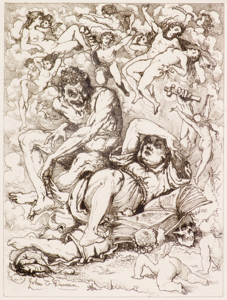 Liegende Figur mit Kreuz, der Teufel sitzt in der Nähe, umgeben von schwebenden Figuren von John Duncan