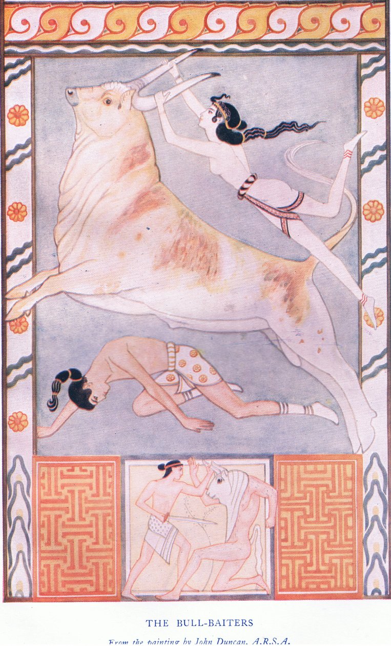 Die Stierkämpfer, Illustration aus Mythen von Kreta und vorhellenischem Europa, veröffentlicht von der Gresham Publishing Company Limited, 1920er Jahre von John Duncan