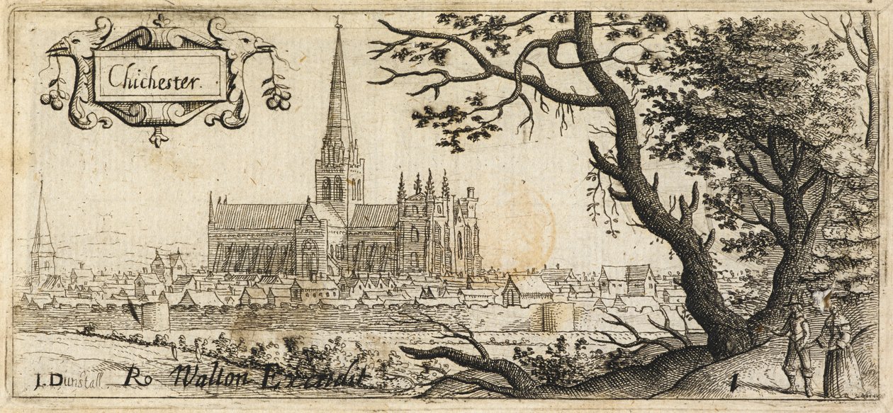 Zwei Figuren stehen neben einem großen Baum im Vordergrund; die Stadt Chichester in der Ferne; die Stadtmauern durchziehen die Szene; die Kathedrale von Chichester im Zentrum des Bildes, um 1660 (Radierung) von John Dunstall