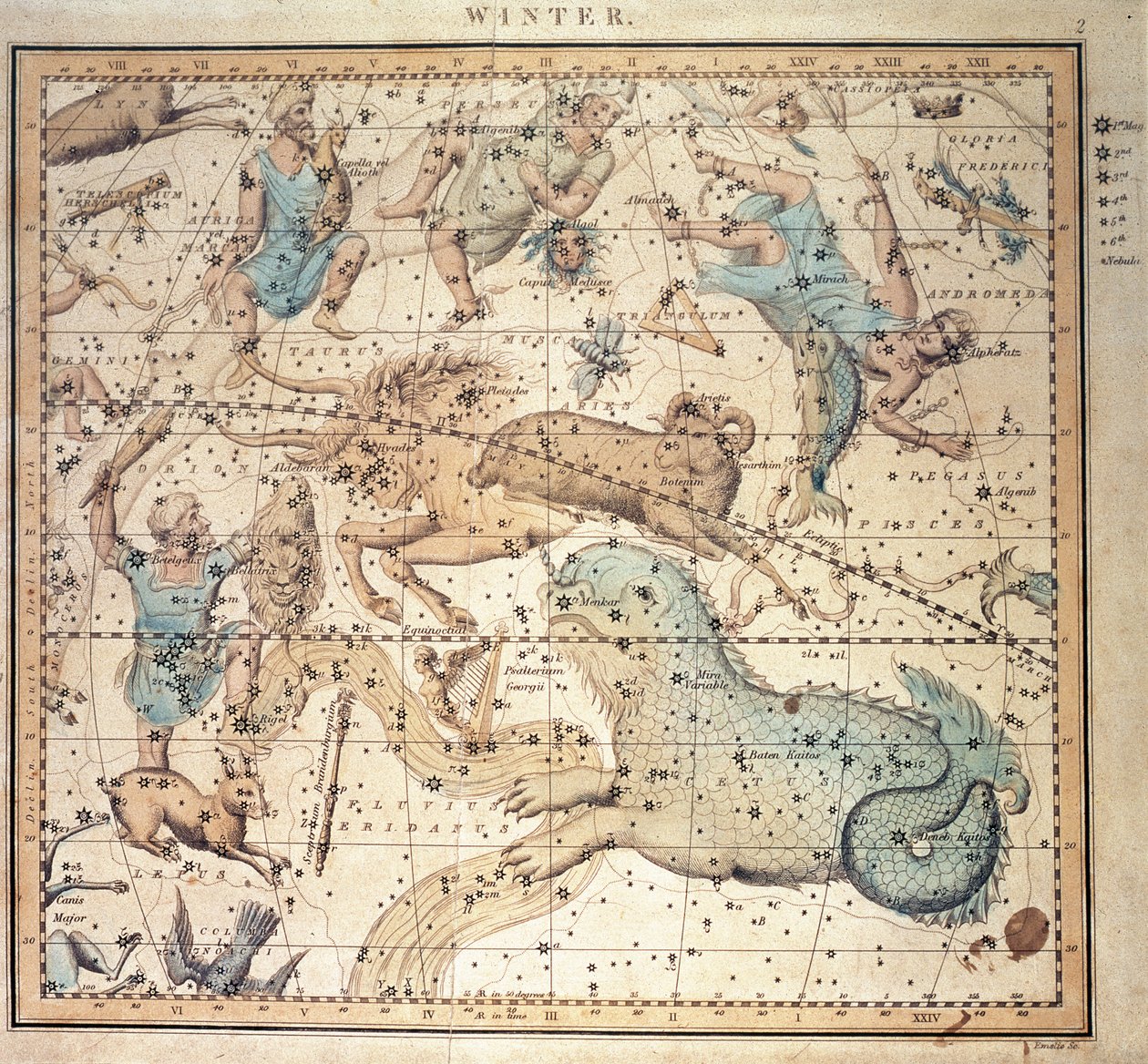 Himmelskarte: Winter, zeigt Sternzeichen und Positionen der Sterne (Gravur) von John Emslie