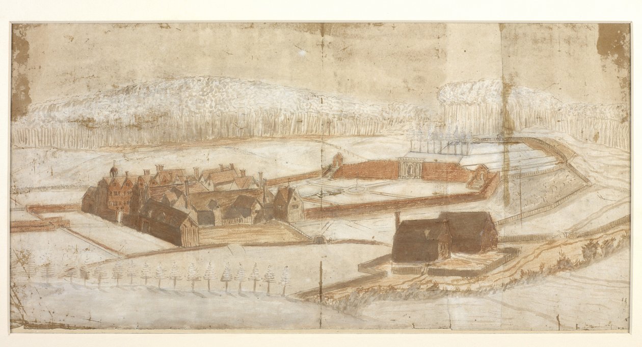 Ansicht von Wotton mit dem Garten, der Grotte und der Umgebung von der westlichen Ecke, 1650er Jahre von John Evelyn