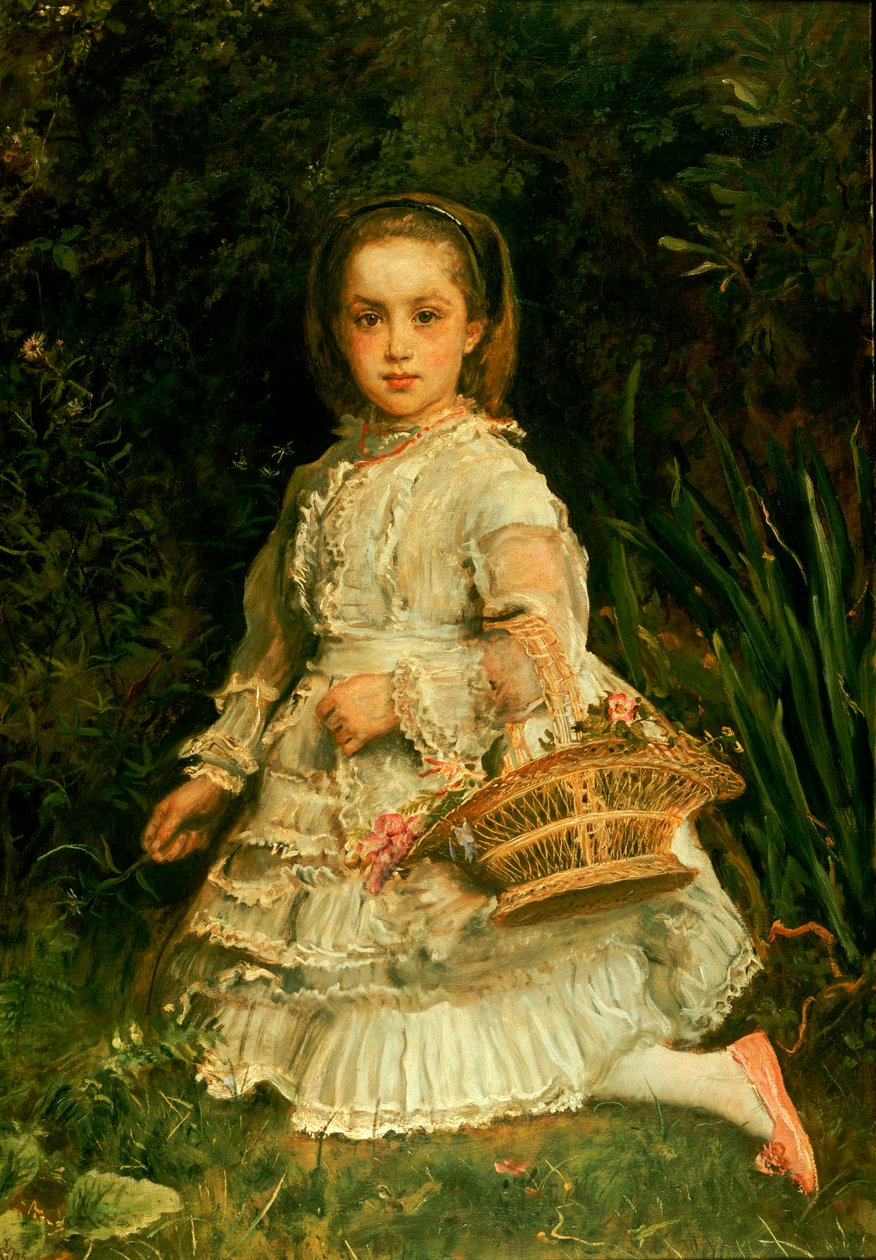 Porträt von Gracia, ganzfigurig, in einem weißen Kleid, pflückt Wildblumen von John Everett Millais